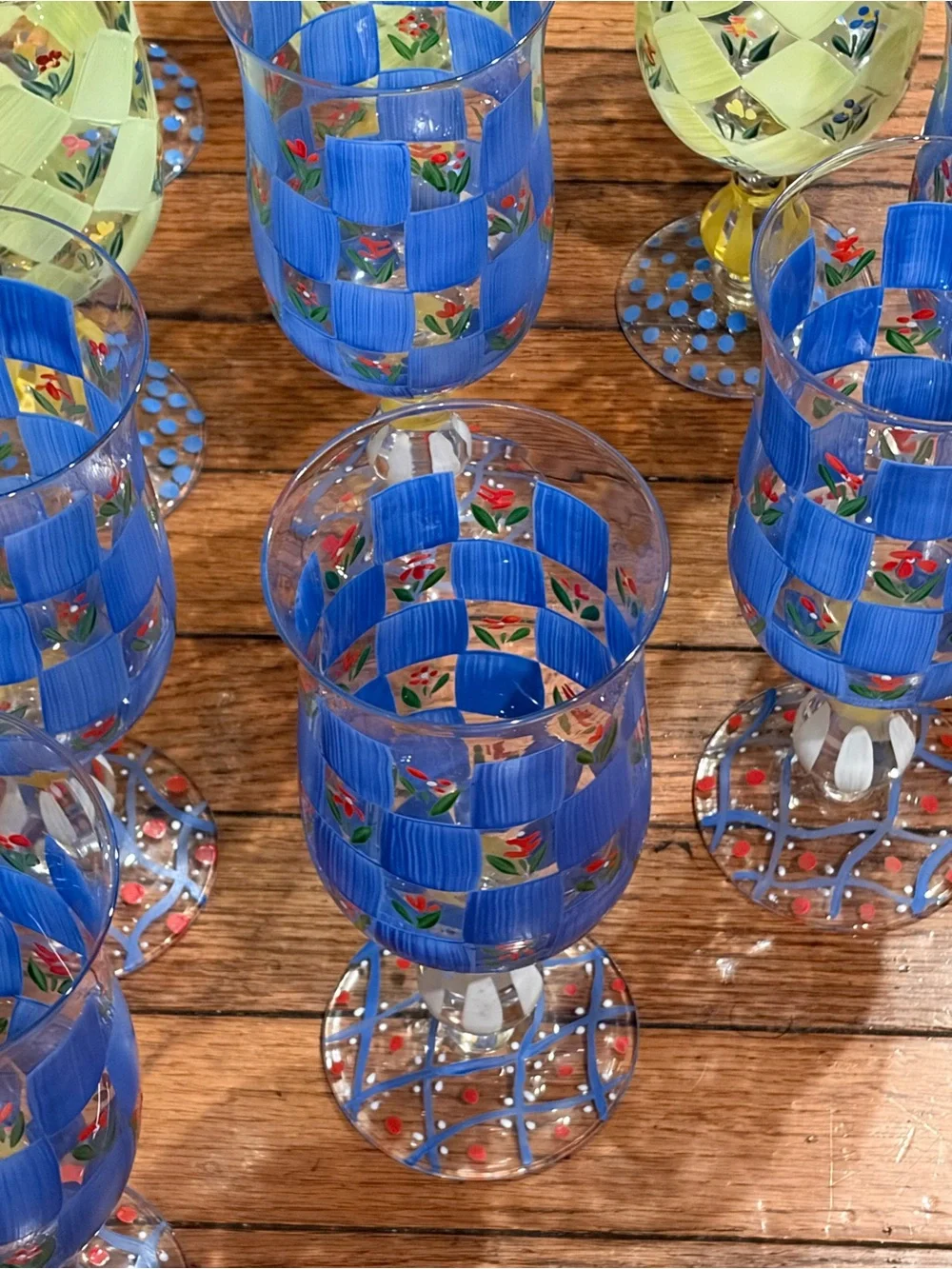11 Glass Goblets Hand Painted Blue & light Green Checkered With Petal Flowers